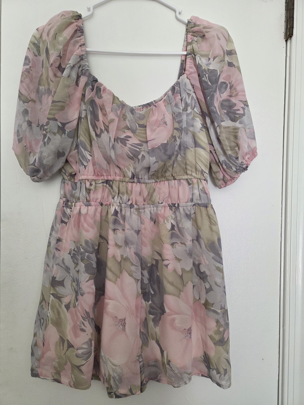 L Love Floral Puff Sleeve Smocked Waist Romper Pink Sage Small